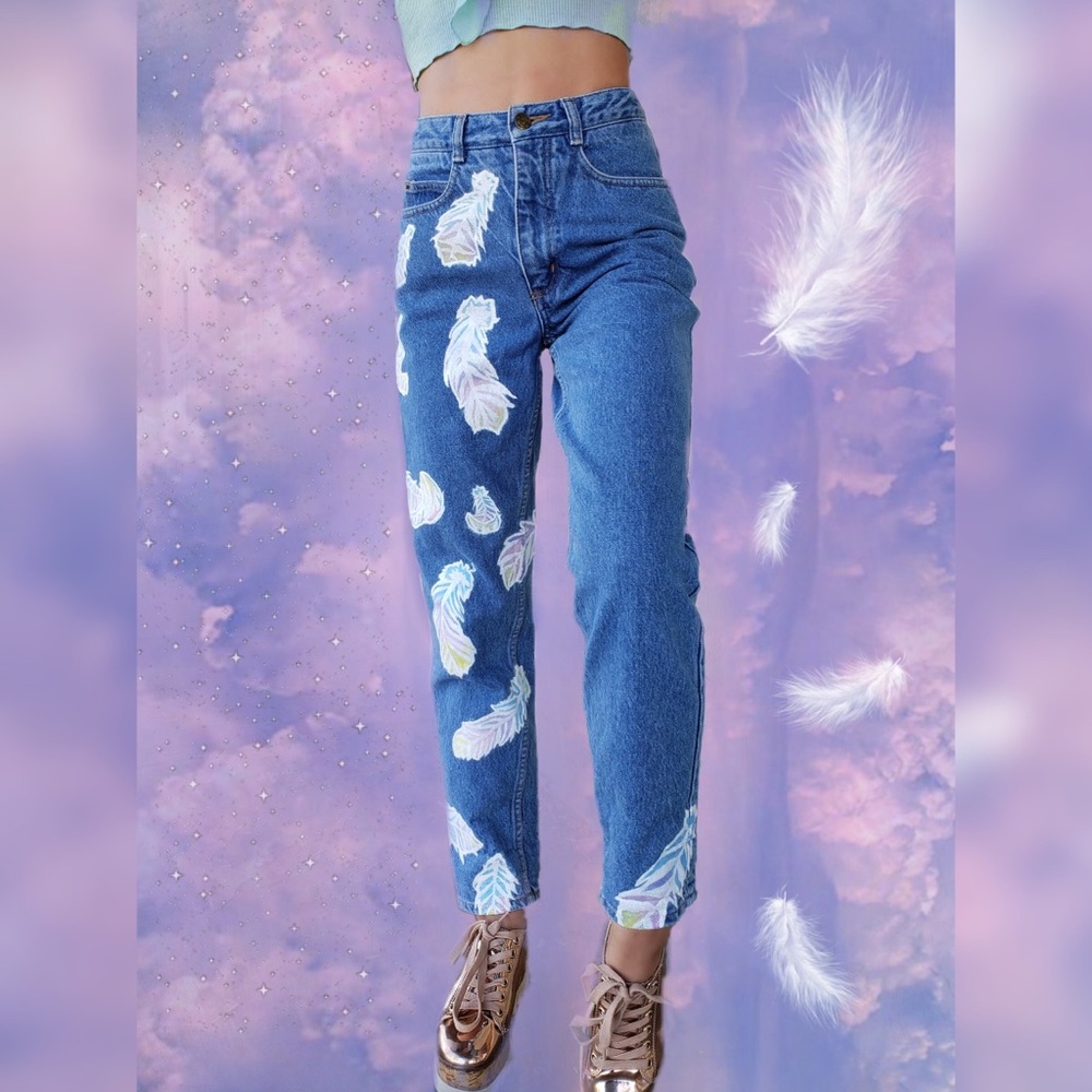 High Waist Hand Painted Jeans Grunge 90s Style - Picture 2 of 8